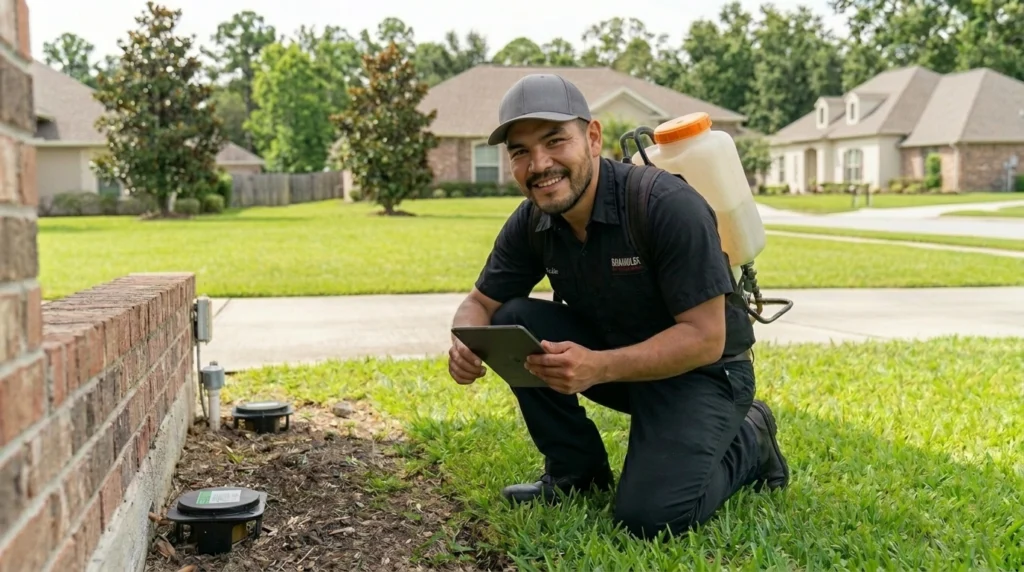 Kneeling pest-control technician with backpack sprayer holding a tablet next to bait stations by a house lawn
