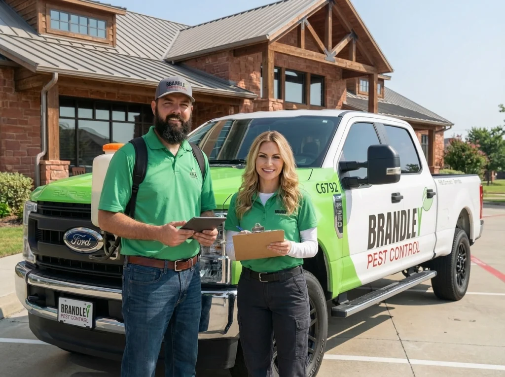 Two technicians in green uniforms holding a tablet and clipboard beside a Brandley Pest Control truck parked by a house