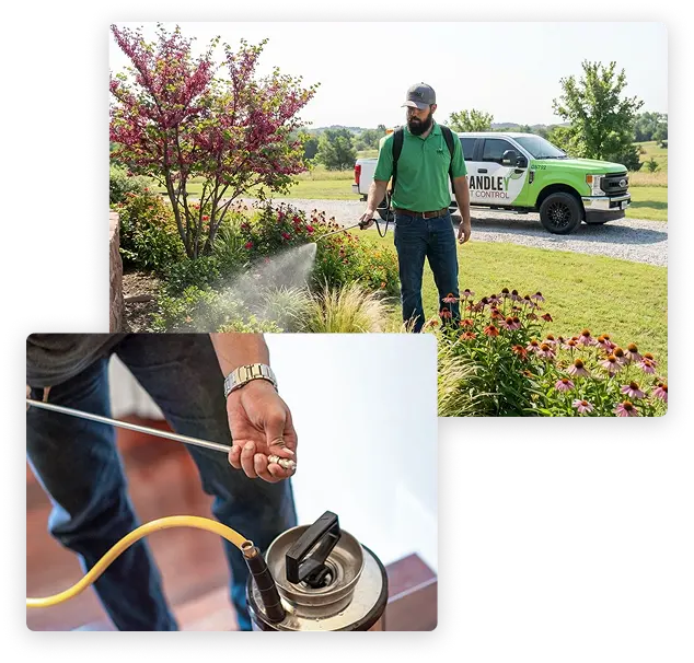 Technician in green shirt spraying garden with Brandley Pest Control truck nearby; inset close-up of hand operating a sprayer