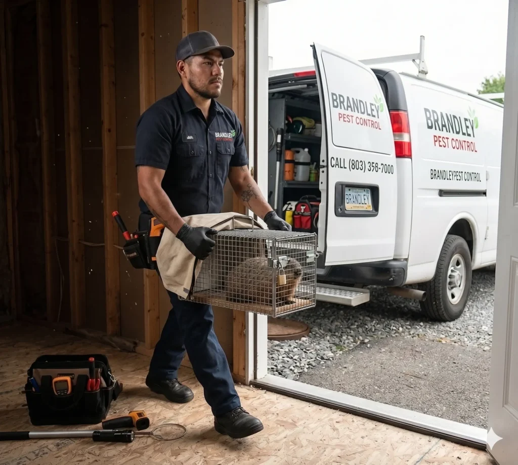 Brandley Pest Control technician carrying a trapped animal in a cage toward a company van at a garage