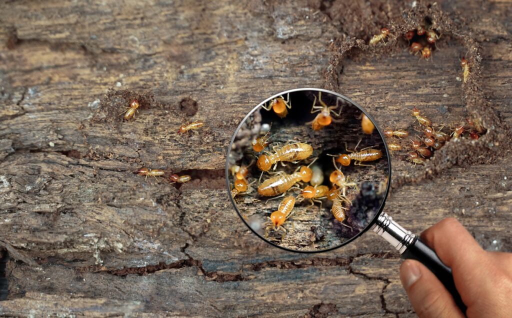 Cluster of pale termites crawling on decayed wood seen through a magnifying glass